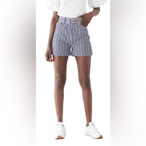 ❌SOLD❌NWOT Ganni Mixed Stripe Dark Indigo Denim Buster Top & Shorts Set💙🤍💙 - Picture 3 of 16